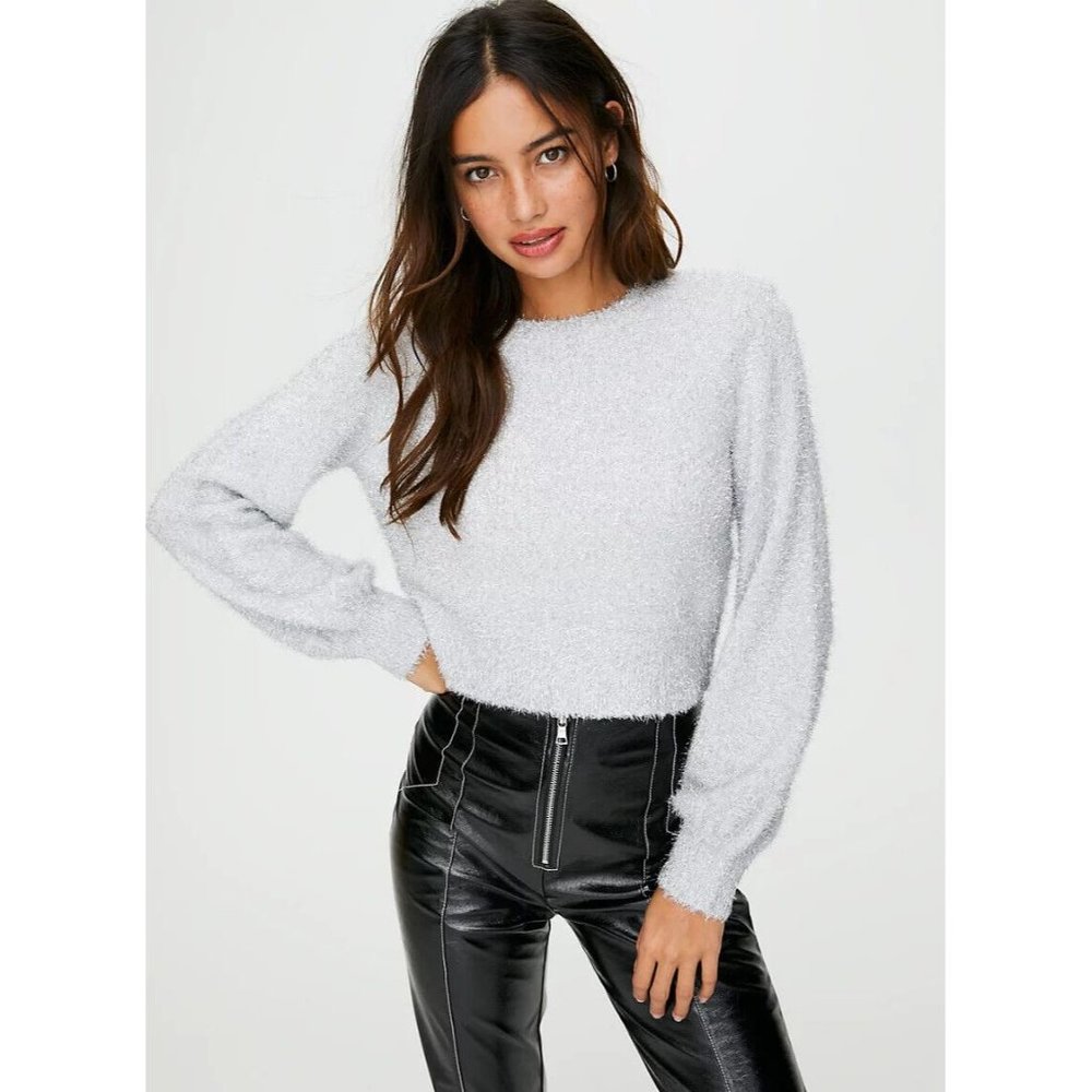 Aritzia SUNDAY BEST Kitten Chartreuse Yellow Fuzzy Knit Cropped Sweater, Size M - Picture 9 of 13